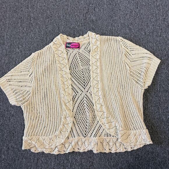 Vintage Tops - Vintage Y2k Crochet Knit Beige Short Sleeve Open Front Cardigan Top Women's S